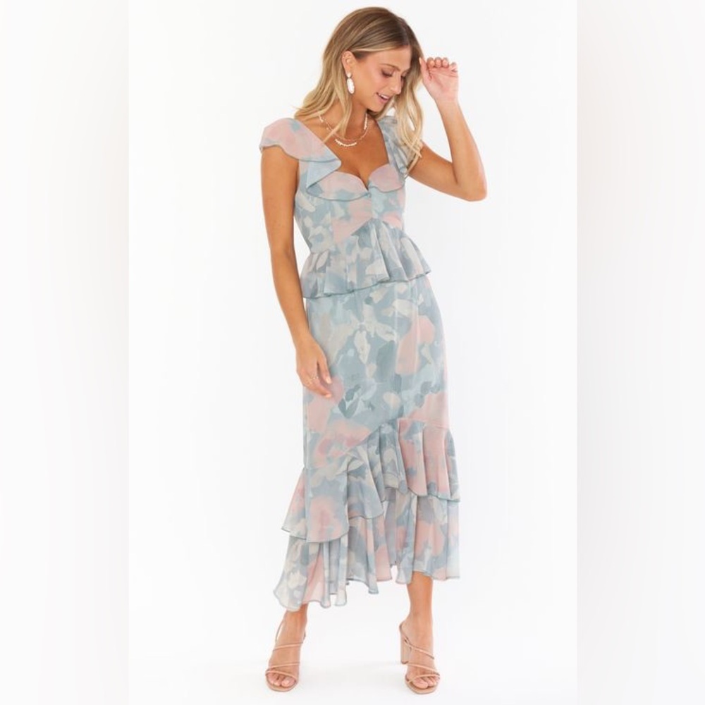 Show Me Your Mumu Formal Vacation Wedding Guest Sage Green Floral Ruffle Dress - Picture 2 of 6